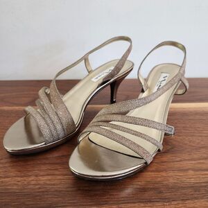 Nina Neely Heel Sandal Gold Glitter Asymmetrical Strap Slip On Party Shoe Size 9